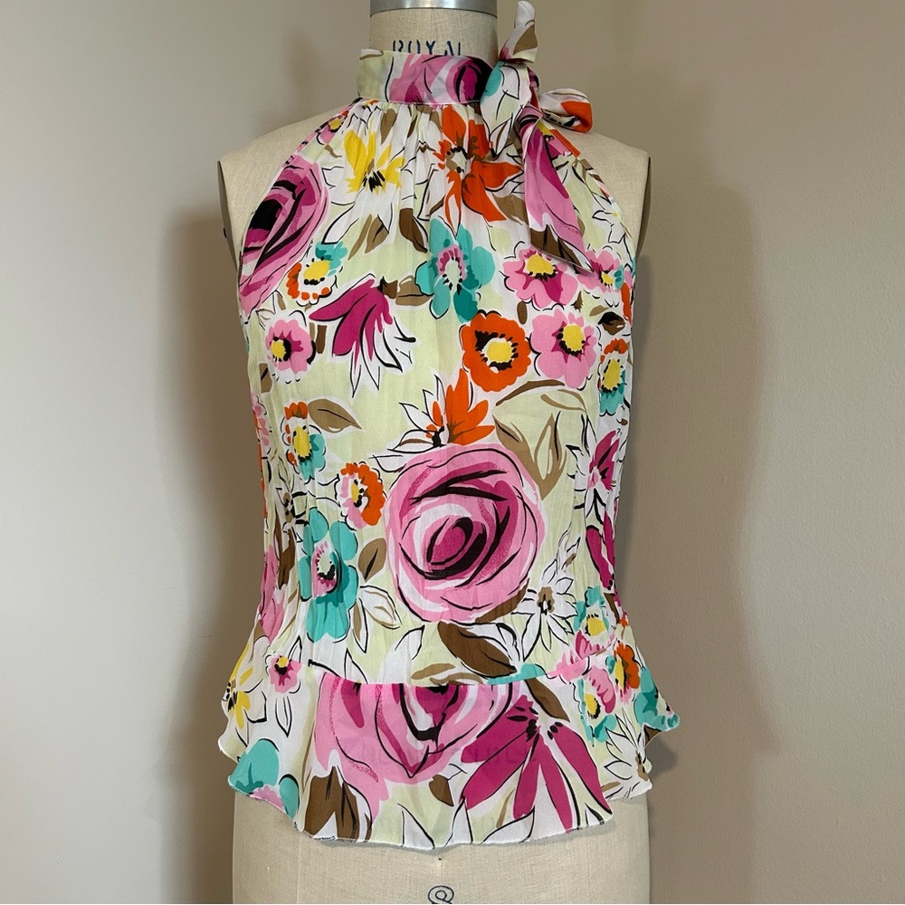 VTG Y2K Floral Halter Top Ruffle Peplum Summer Boho Sz S